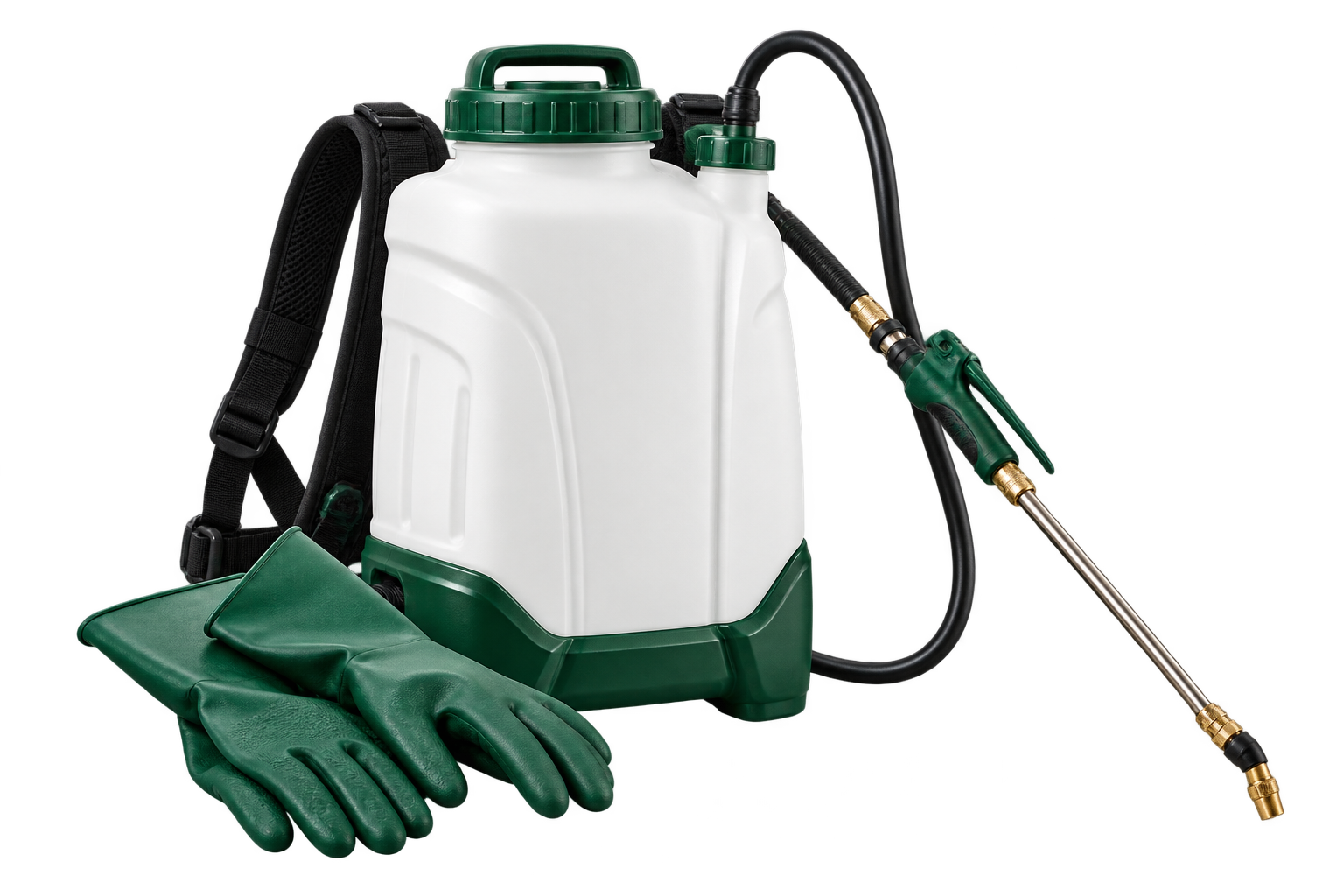 Illustrative professional pest-control sprayer and protective gloves