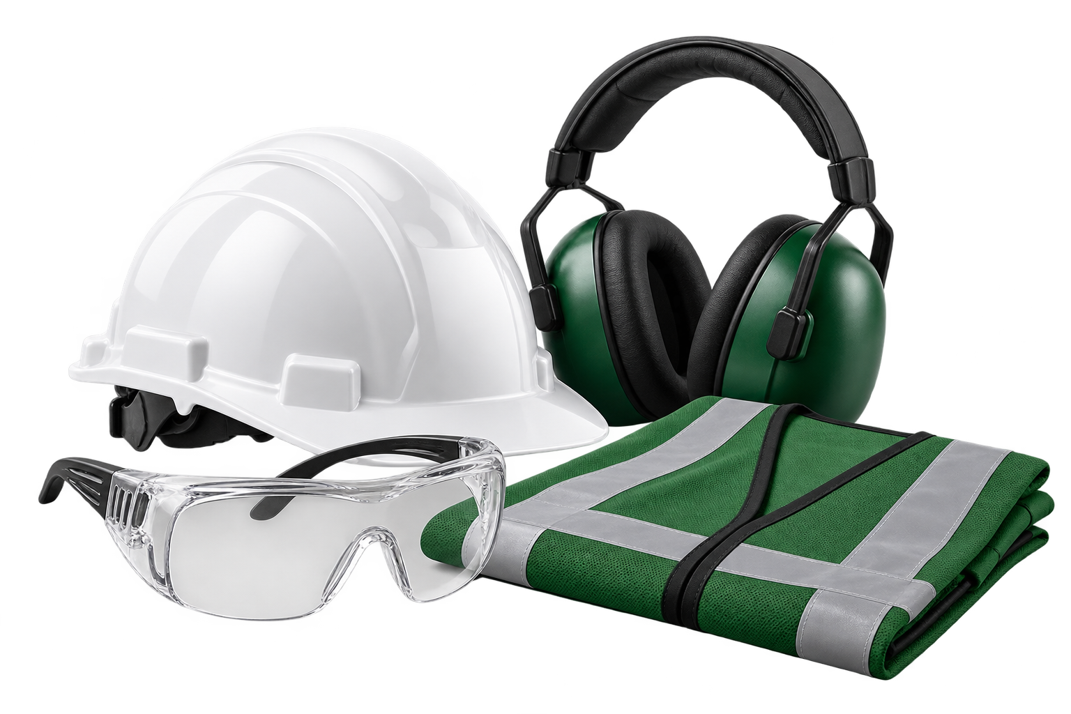 Illustrative workplace safety helmet, goggles and protective equipment